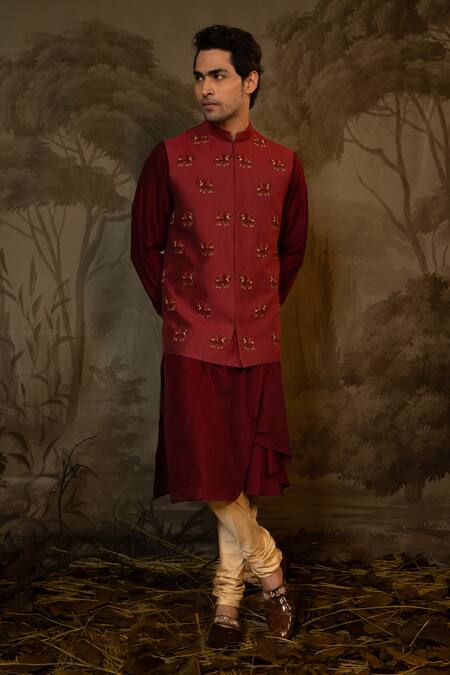 Darshika Menswear_Maroon Viscose, Cotton, Silk Embroidery Elephant Bundi Set _Online_at_Aza_Fashions