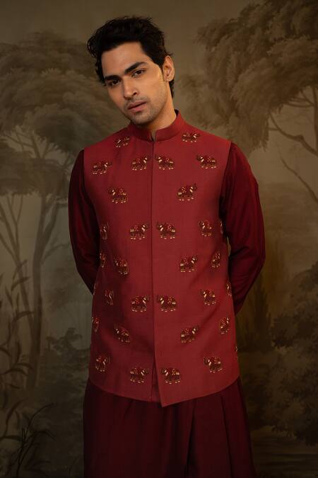 Buy_Darshika Menswear_Maroon Viscose, Cotton, Silk Embroidery Elephant Bundi Set _Online_at_Aza_Fashions