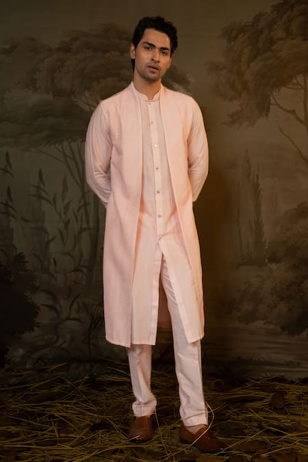 Darshika Menswear_Pink Cotton, Silk Embroidery Criss Cross Jacket Kurta With Pant _Online_at_Aza_Fashions