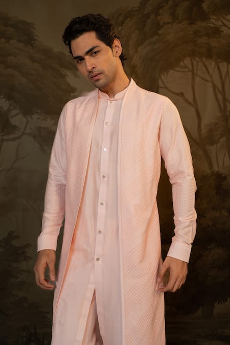 Buy_Darshika Menswear_Pink Cotton, Silk Embroidery Criss Cross Jacket Kurta With Pant _Online_at_Aza_Fashions