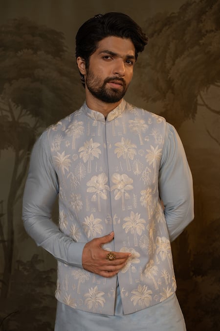 Darshika Menswear_Blue , Silk, Satin Embroidery Foliage Bundi Kurta Set _Online_at_Aza_Fashions