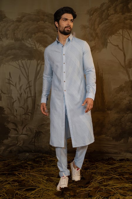 Darshika Menswear Blue Cotton Silk Embroidered Criss Cross Kurta With Pant 
