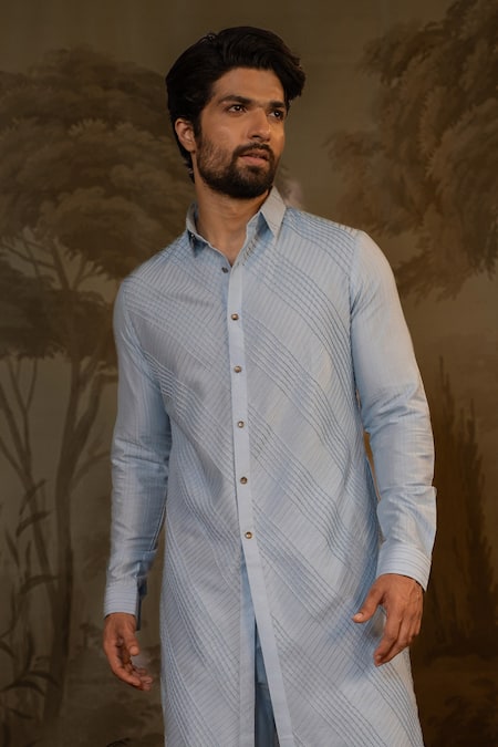 Darshika Menswear_Blue Cotton, Silk Embroidery Criss Cross Kurta With Pant _Online_at_Aza_Fashions
