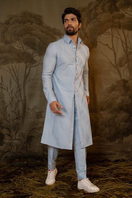 Buy_Darshika Menswear_Blue Cotton, Silk Embroidery Criss Cross Kurta With Pant _Online_at_Aza_Fashions