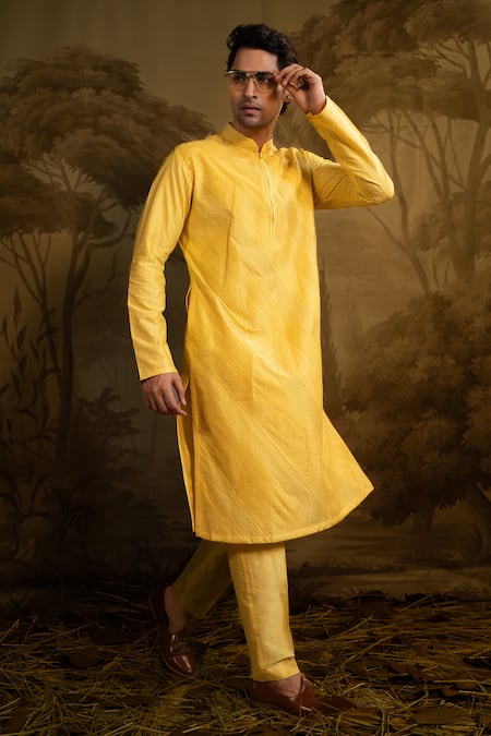 Shop Darshika Menswear Yellow Cotton, Silk Embroidery Stripe Kurta With Pant at Aza Fashions Shop_Darshika Menswear_Yellow Cotton, Silk Embroidery Stripe Kurta With Pant _at_Aza_Fashions