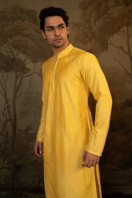 Darshika Menswear Yellow Cotton, Silk Embroidery Stripe Kurta With Pant Online at Aza Fashions Darshika Menswear_Yellow Cotton, Silk Embroidery Stripe Kurta With Pant _Online_at_Aza_Fashions