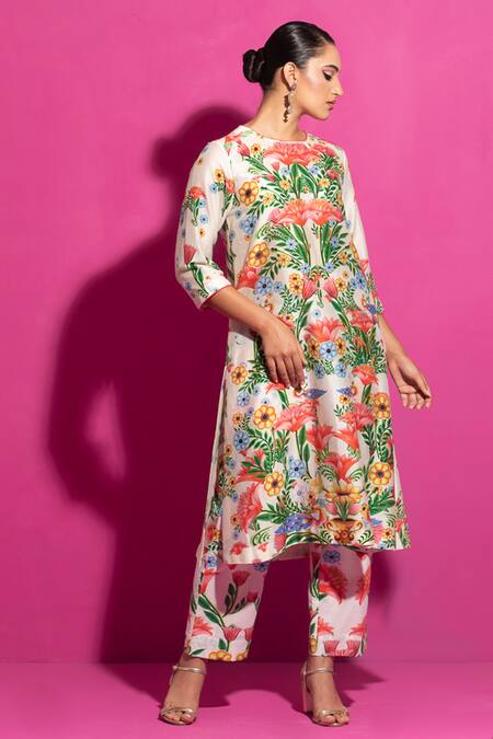 Saksham & Neharicka Multi Color Chanderi Round Neck Gulabi Champa Print Kurta Pant Set Online at Aza Fashions Saksham & Neharicka_Multi Color Chanderi Round Neck Gulabi Champa Print Kurta Pant Set_Online_at_Aza_Fashions