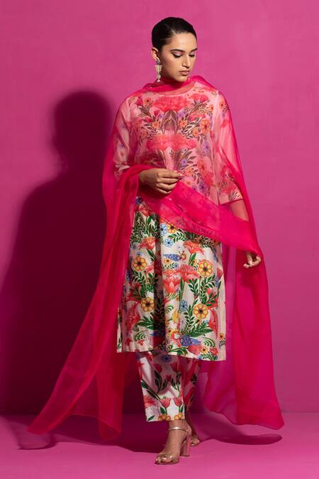 Shop Saksham & Neharicka Multi Color Chanderi Round Neck Gulabi Champa Print Kurta Pant Set Online at Aza Fashions Shop_Saksham & Neharicka_Multi Color Chanderi Round Neck Gulabi Champa Print Kurta Pant Set_Online_at_Aza_Fashions