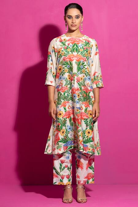 Saksham & Neharicka Multi Color Chanderi Embroidery Round Neck Champa Bagh Floral Print Kurta Online at Aza Fashions Saksham & Neharicka_Multi Color Chanderi Embroidery Round Neck Champa Bagh Floral Print Kurta _Online_at_Aza_Fashions