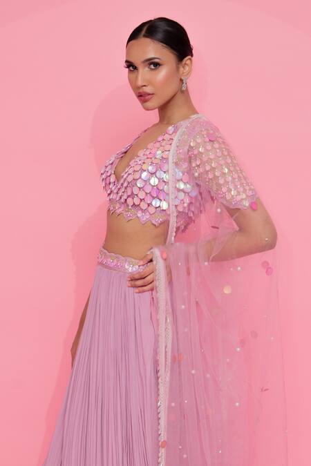 Anshika Tak Label_Purple Georgette, Net Sequins, Crystals Plunge Embellished Blouse Lehenga Set _Online_at_Aza_Fashions