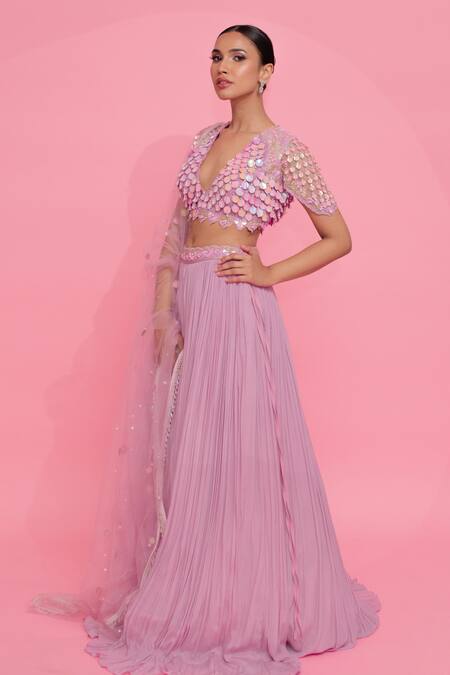 Shop_Anshika Tak Label_Purple Georgette, Net Sequins, Crystals Plunge Embellished Blouse Lehenga Set _Online_at_Aza_Fashions