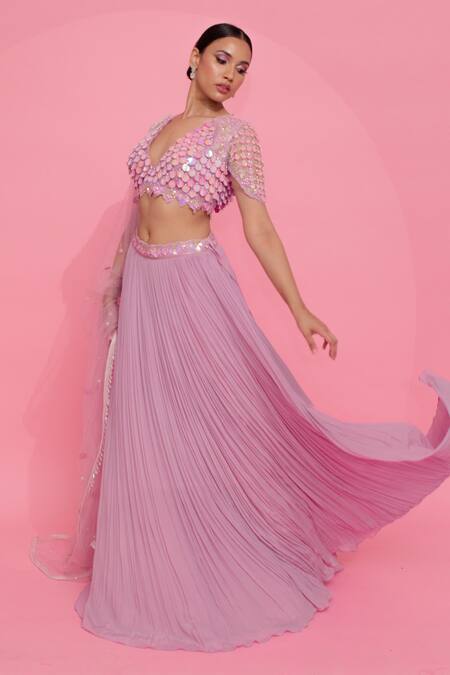 Anshika Tak Label_Purple Georgette, Net Sequins, Crystals Plunge Embellished Blouse Lehenga Set _at_Aza_Fashions