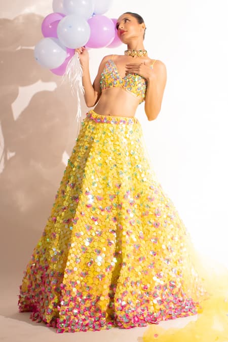 Anshika Tak Label_Yellow Net Sequins, Pearls V-neck Embellished Lehenga Set _Online_at_Aza_Fashions