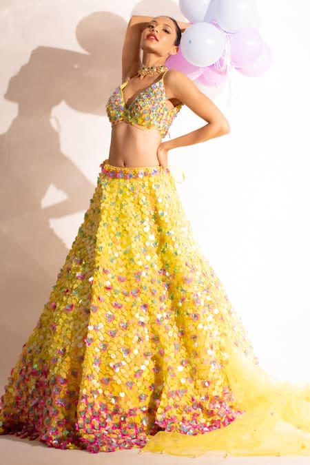 Shop_Anshika Tak Label_Yellow Net Sequins, Pearls V-neck Embellished Lehenga Set _Online_at_Aza_Fashions