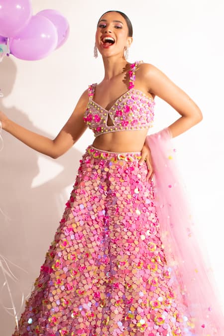 Anshika Tak Label_Purple Net Sequins, Pearls V-neck Floral Embellished Lehenga Set _Online_at_Aza_Fashions