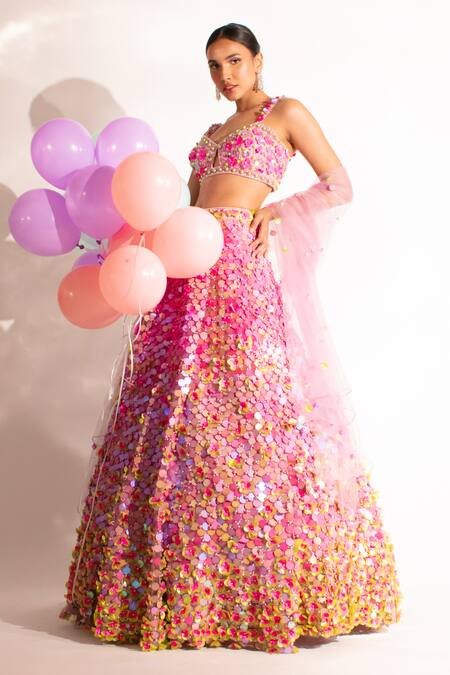 Shop_Anshika Tak Label_Purple Net Sequins, Pearls V-neck Floral Embellished Lehenga Set _Online_at_Aza_Fashions