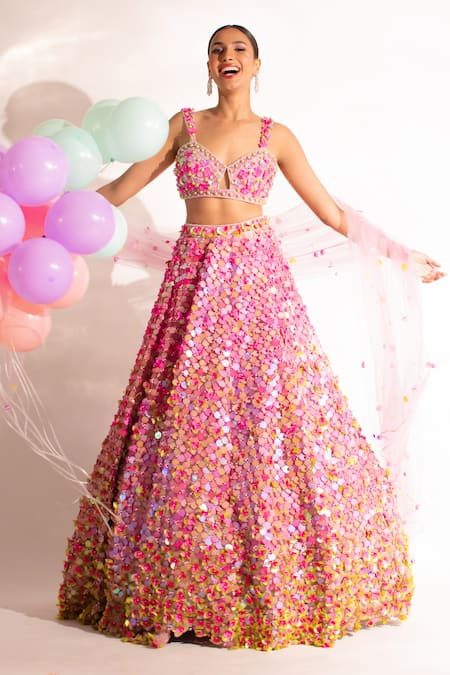 Buy_Anshika Tak Label_Purple Net Sequins, Pearls V-neck Floral Embellished Lehenga Set 