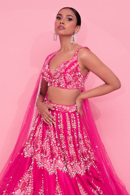 Anshika Tak Label_Pink Tussar, Net Embroidery, Crystals, Pearls V-neck Embellished Lehenga Set _Online_at_Aza_Fashions