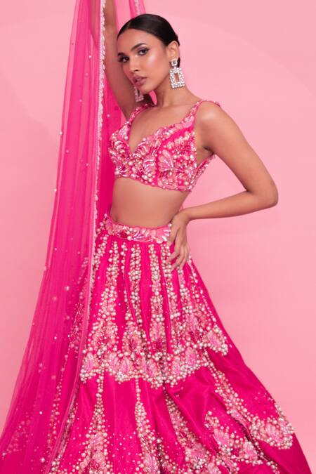 Buy_Anshika Tak Label_Pink Tussar, Net Embroidery, Crystals, Pearls V-neck Embellished Lehenga Set _Online_at_Aza_Fashions