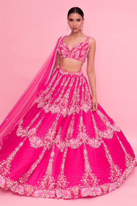Shop_Anshika Tak Label_Pink Tussar, Net Embroidery, Crystals, Pearls V-neck Embellished Lehenga Set _Online_at_Aza_Fashions