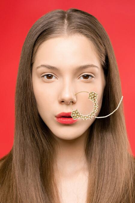 MAISARA JEWELRY_Gold Plated Pearls Kundan Nath _Online_at_Aza_Fashions