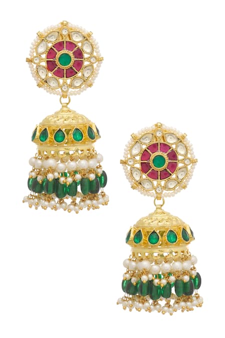 Shop MAISARA JEWELRY Gold Plated Stones, Beads, Pearls Kundan Jhumkas at Aza Fashions Shop_MAISARA JEWELRY_Gold Plated Stones, Beads, Pearls Kundan Jhumkas _at_Aza_Fashions