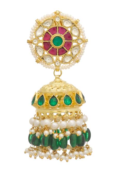 MAISARA JEWELRY_Gold Plated Stones, Beads, Pearls Kundan Jhumkas _Online_at_Aza_Fashions