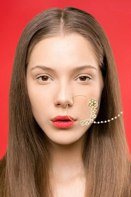 MAISARA JEWELRY_Gold Plated Pearls, Diamonds Kundan Nath _Online_at_Aza_Fashions