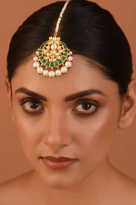 MAISARA JEWELRY Green Gold Finish Pearl Maangtikka 