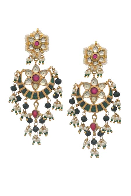 Shop MAISARA JEWELRY Multi Color Embroidery, Pearls Floral Embellished Earrings at Aza Fashions Shop_MAISARA JEWELRY_Multi Color Embroidery, Pearls Floral Embellished Earrings _at_Aza_Fashions