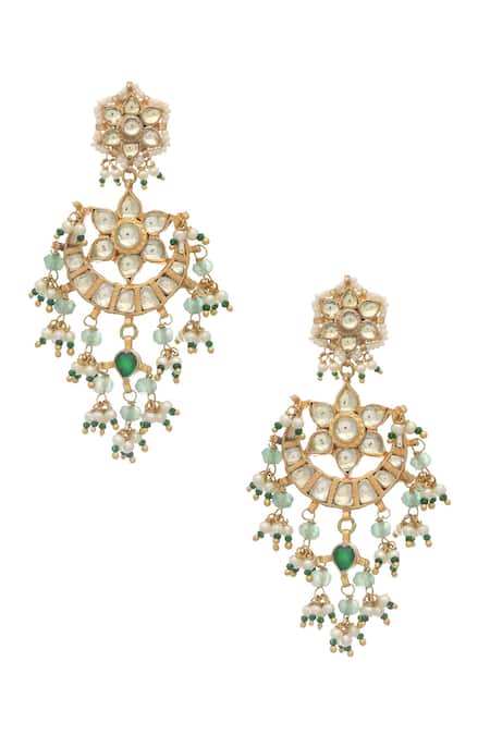 Shop Maisara Jewelry Green Embroidery, Pearls Floral Shaped Earrings at Aza Fashions Shop_Maisara Jewelry_Green Embroidery, Pearls Floral Shaped Earrings _at_Aza_Fashions