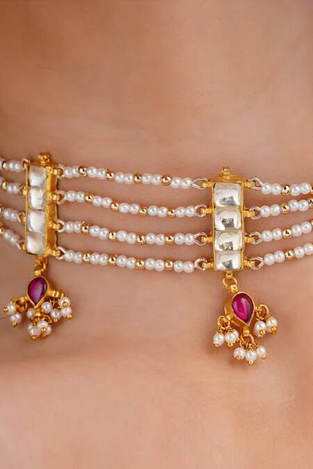 MAISARA JEWELRY Gold Plated Layered Embellished Jadau Choker Necklace Online at Aza Fashions MAISARA JEWELRY_Gold Plated Layered Embellished Jadau Choker Necklace _Online_at_Aza_Fashions