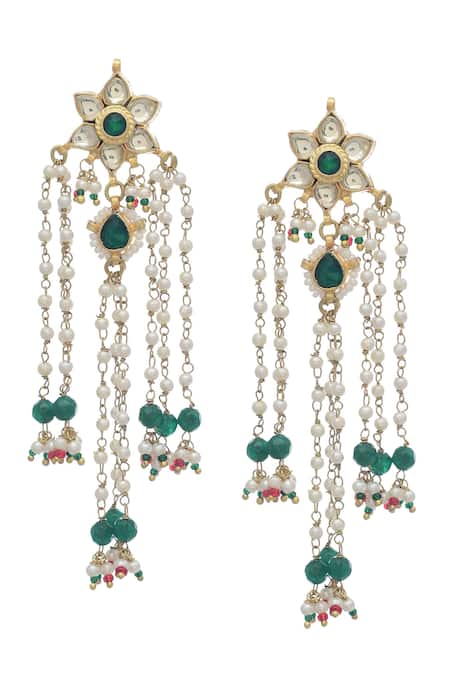 Shop MAISARA JEWELRY Green Pearls, Beads, Stones Floral Beaded Dangler Earrings at Aza Fashions Shop_MAISARA JEWELRY_Green Pearls, Beads, Stones Floral Beaded Dangler Earrings _at_Aza_Fashions