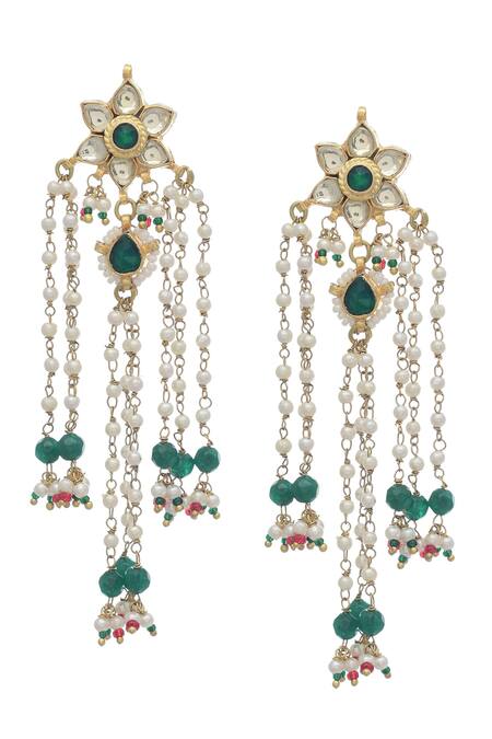 MAISARA JEWELRY Green Pearls, Beads, Stones Floral Beaded Dangler Earrings Online at Aza Fashions MAISARA JEWELRY_Green Pearls, Beads, Stones Floral Beaded Dangler Earrings _Online_at_Aza_Fashions