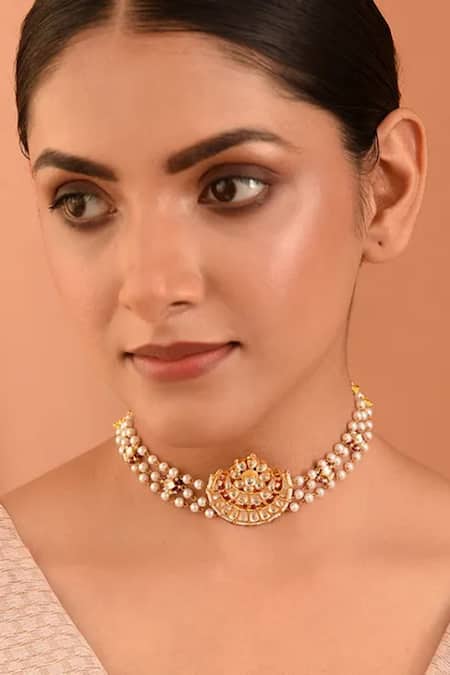 MAISARA JEWELRY Gold Plated Pearl Embellished Jadau Choker 