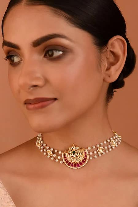 MAISARA JEWELRY Multi Color Gold Finish Half Moon Pendant Choker 