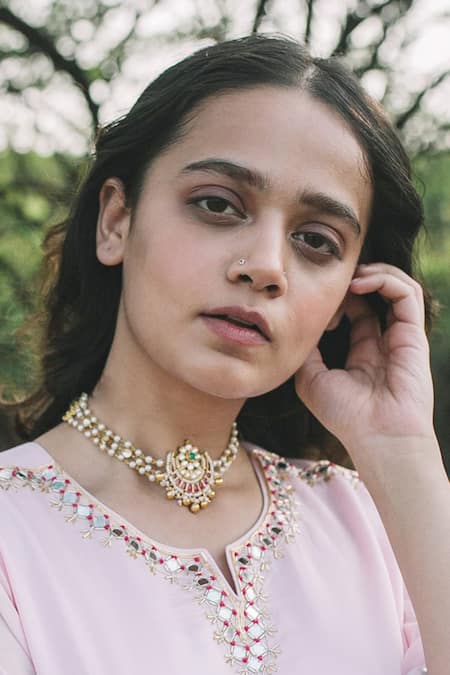 MAISARA JEWELRY_Multi Color Gold Finish Half Moon Pendant Choker _Online_at_Aza_Fashions