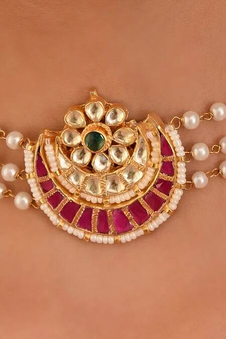 Buy_MAISARA JEWELRY_Multi Color Gold Finish Half Moon Pendant Choker _Online_at_Aza_Fashions