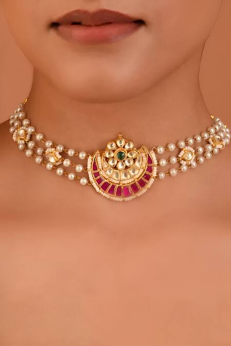 Shop_MAISARA JEWELRY_Multi Color Gold Finish Half Moon Pendant Choker _Online_at_Aza_Fashions