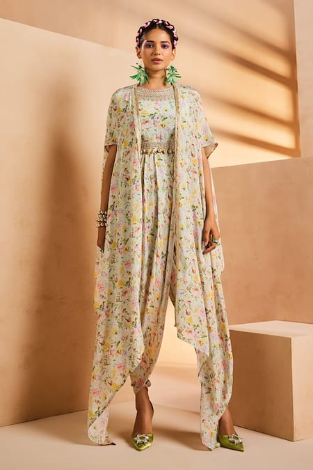 Aneesh Agarwaal Botanical Print Dhoti Jumpsuit With Cape 