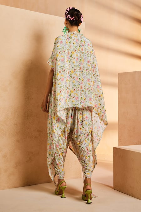 Shop Aneesh Agarwaal Blue Crepe Embroidery Round Neck Botanical Print Dhoti Jumpsuit With Cape at Aza Fashions Shop_Aneesh Agarwaal_Blue Crepe Embroidery Round Neck Botanical Print Dhoti Jumpsuit With Cape _at_Aza_Fashions