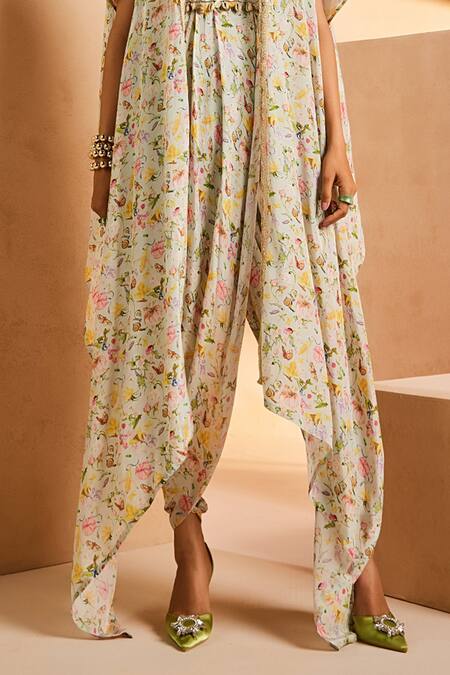 Aneesh Agarwaal Blue Crepe Embroidery Round Neck Botanical Print Dhoti Jumpsuit With Cape Online at Aza Fashions Aneesh Agarwaal_Blue Crepe Embroidery Round Neck Botanical Print Dhoti Jumpsuit With Cape _Online_at_Aza_Fashions