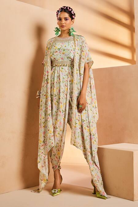 Buy Aneesh Agarwaal Blue Crepe Embroidery Round Neck Botanical Print Dhoti Jumpsuit With Cape Online at Aza Fashions Buy_Aneesh Agarwaal_Blue Crepe Embroidery Round Neck Botanical Print Dhoti Jumpsuit With Cape _Online_at_Aza_Fashions