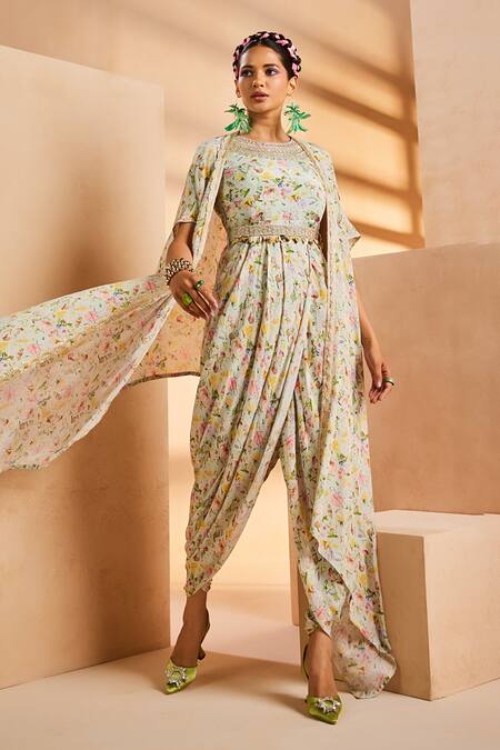 Shop Aneesh Agarwaal Blue Crepe Embroidery Round Neck Botanical Print Dhoti Jumpsuit With Cape Online at Aza Fashions Shop_Aneesh Agarwaal_Blue Crepe Embroidery Round Neck Botanical Print Dhoti Jumpsuit With Cape _Online_at_Aza_Fashions