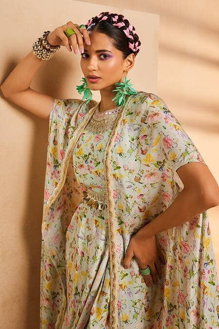 Aneesh Agarwaal Blue Crepe Embroidery Round Neck Botanical Print Dhoti Jumpsuit With Cape at Aza Fashions Aneesh Agarwaal_Blue Crepe Embroidery Round Neck Botanical Print Dhoti Jumpsuit With Cape _at_Aza_Fashions