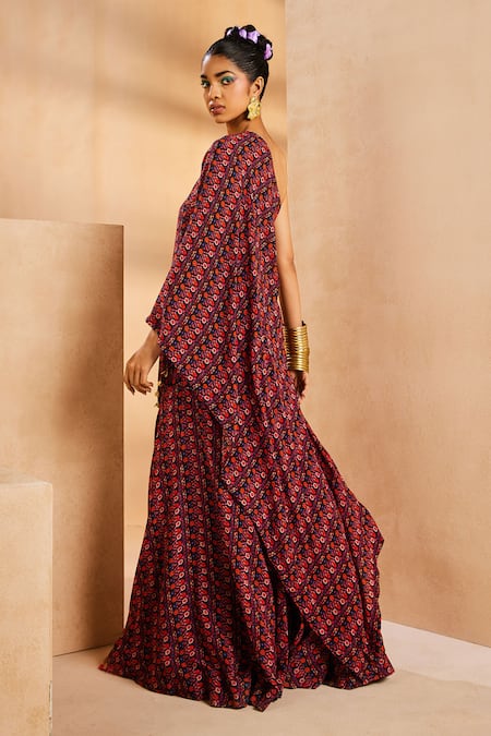Shop Aneesh Agarwaal Black Crepe, Silk Embroidery Asymmetric Tribal Print Kaftan And Sharara Set at Aza Fashions Shop_Aneesh Agarwaal_Black Crepe, Silk Embroidery Asymmetric Tribal Print Kaftan And Sharara Set _at_Aza_Fashions