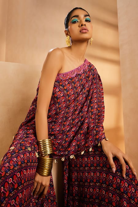 Aneesh Agarwaal Black Crepe, Silk Embroidery Asymmetric Tribal Print Kaftan And Sharara Set Online at Aza Fashions Aneesh Agarwaal_Black Crepe, Silk Embroidery Asymmetric Tribal Print Kaftan And Sharara Set _Online_at_Aza_Fashions