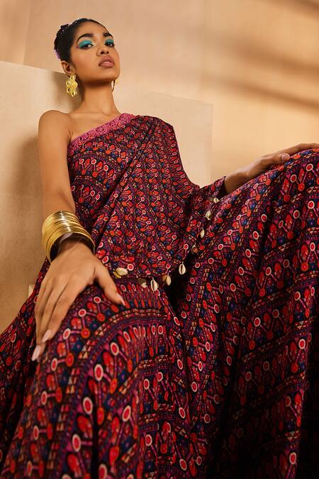 Buy Aneesh Agarwaal Black Crepe, Silk Embroidery Asymmetric Tribal Print Kaftan And Sharara Set Online at Aza Fashions Buy_Aneesh Agarwaal_Black Crepe, Silk Embroidery Asymmetric Tribal Print Kaftan And Sharara Set _Online_at_Aza_Fashions