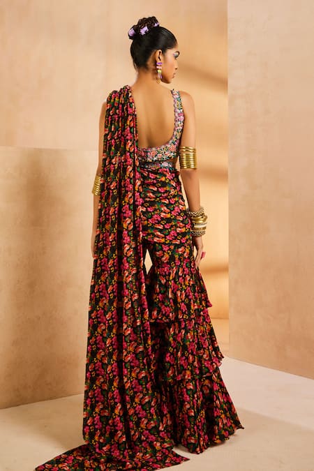 Aneesh Agarwaal Floral Print Sharara Saree With Blouse 