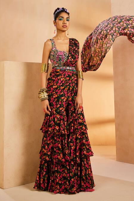 Buy_Aneesh Agarwaal_Black Chiffon, Silk Embroidery, Sequins, Floral Print Sharara Saree With Blouse _Online_at_Aza_Fashions